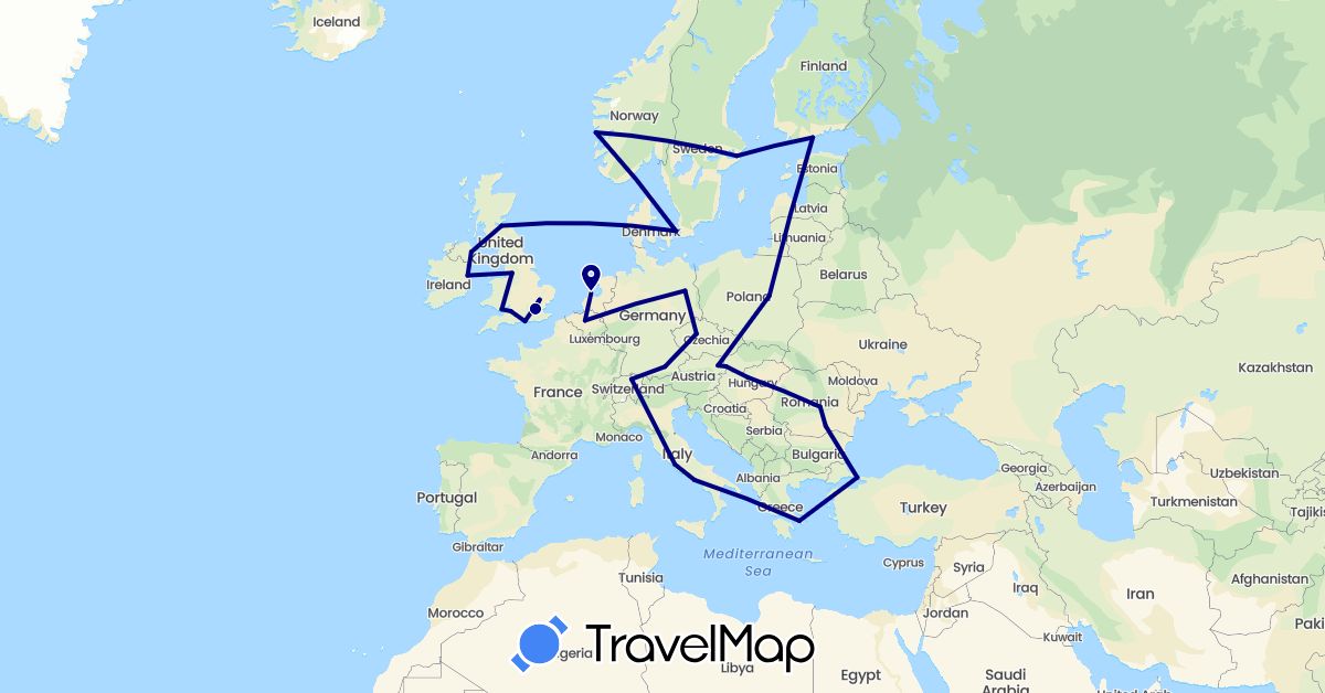 TravelMap itinerary: driving in Austria, Belgium, Switzerland, Czech Republic, Germany, Denmark, Finland, United Kingdom, Greece, Hungary, Ireland, Italy, Netherlands, Norway, Poland, Romania, Sweden, Slovakia, Turkey (Asia, Europe)